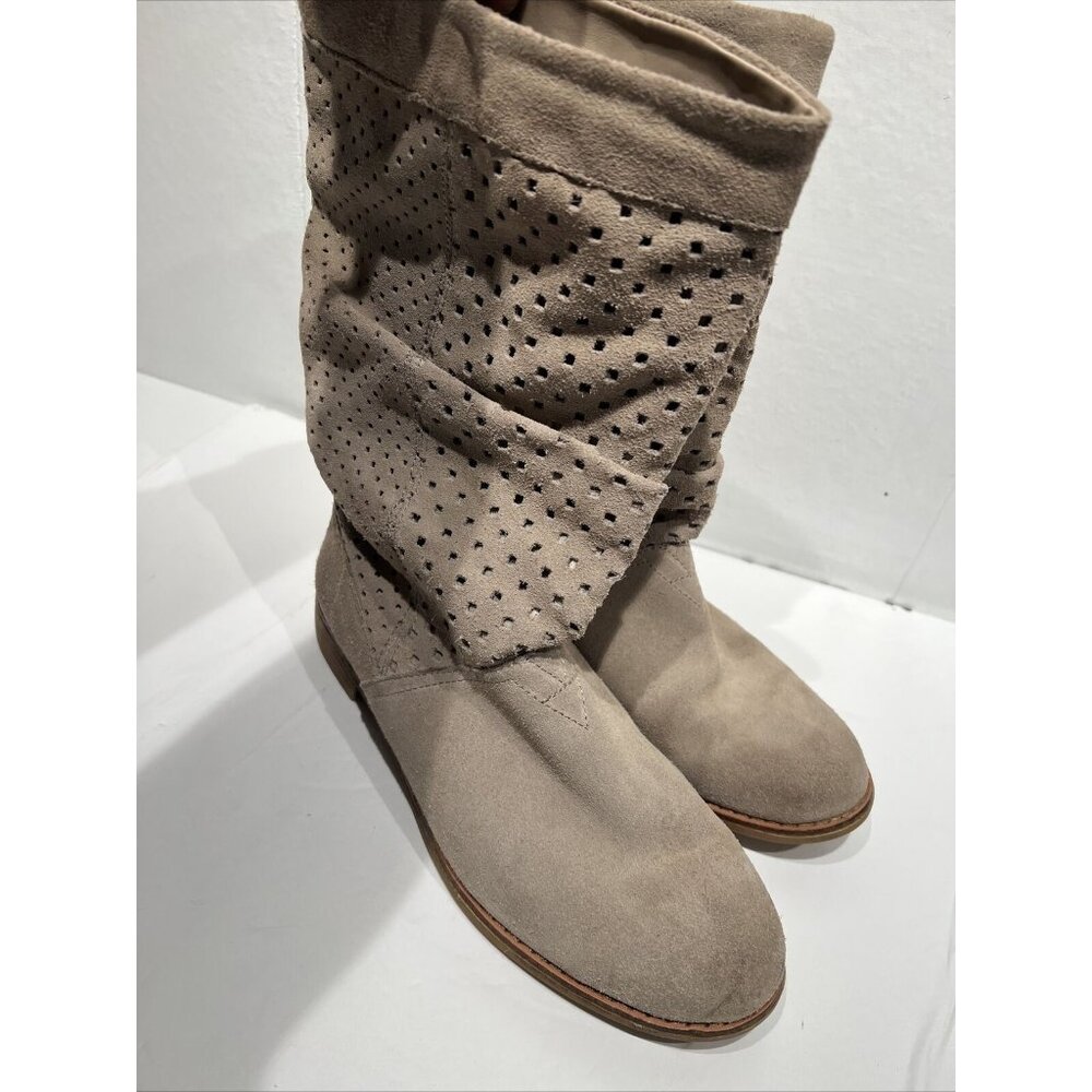 TOMS Women Boots 7.5M Taupe Perforated suede Leather Block Heels Rubber Sole